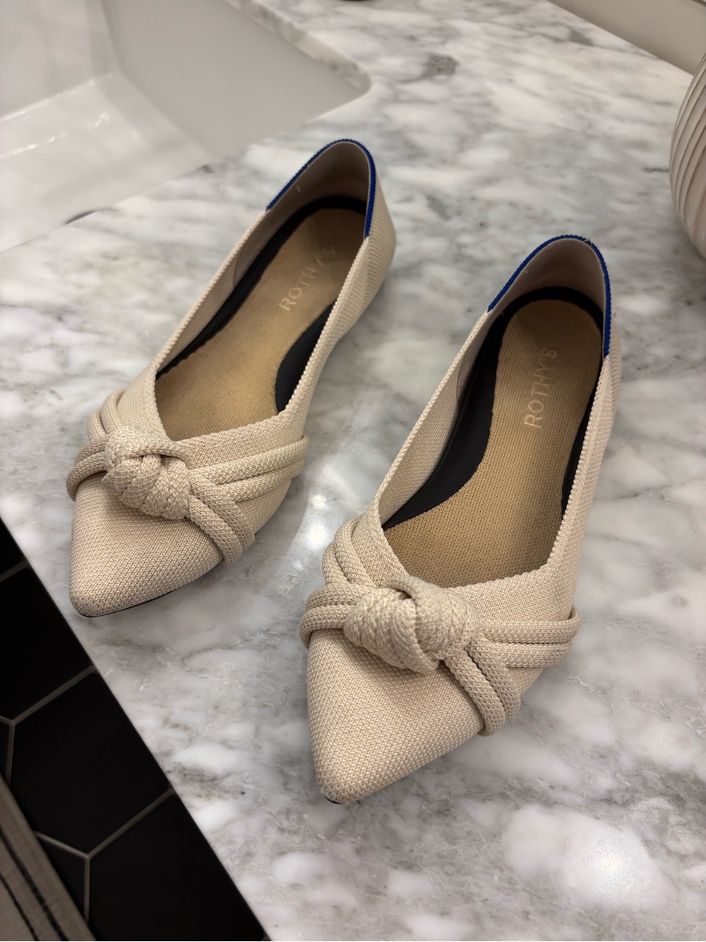 Rothy's Cream Pointed Knot Flats with Blue Trim
